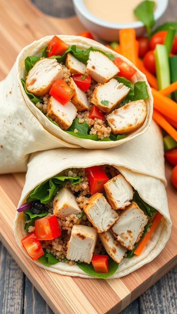 A grilled chicken quinoa wrap filled with vegetables and quinoa, cut in half on a wooden board with a side of dressing.